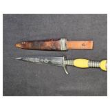 Vtg Etched Fixed Blade Dagger with Leather Sheath