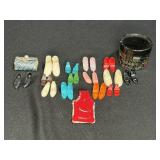 16 Pairs Barbie Shoes, 1 Purse, Homemade Bag