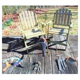 2 Wood Outdoor Chairs & Yard Art