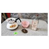 Ass't Vintage Items, Tea Pot, Belt Buckle,Watkins