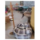Wooden Coat Rack & Plaid Chair