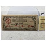 1944 WWII Guerilla Issue Philippines 5 Pesos Note