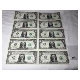 (10) Consecutive SN $1 Bills Series 2021 UNC