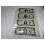 (3) Red Seal $2 Bills & (1) Green Seal $2 Bill