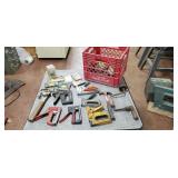 Milk Crate, Assorted  Staplers, Tools