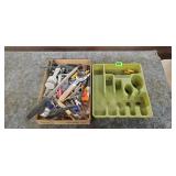 Cultlery Tray and Box of Assorted Silverware/Tools