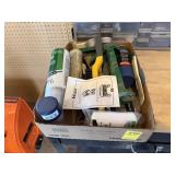 Box of Assorted Caulk Guns, Paint, Brushes, Etc