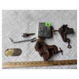 Small Vises; Brass Cream Can Tag, Etc.