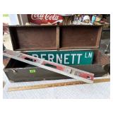 Wooden Box, Bernett Ln Sign, Level