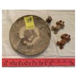 3 Small Pottery Animals & Plate