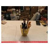 Amber Vase/Desk Cup w/Scissors, etc