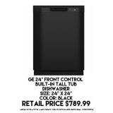 GE 24" Front Control Built-In Tall Tub Dishwasher