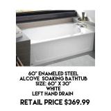 60" Enameled Steel Alcove Soaking Bathtub