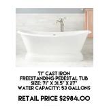 71" Cast Iron Freestanding Pedestal Bathtub