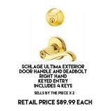 Schlage Ultima Exterior Door Handle & Deadbolt x 2