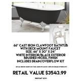 66" Cast Iron Clawfoot Bathtub w/Deck Mount Faucet