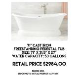 71" Cast Iron Freestanding Pedestal Tub