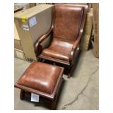 Brown Leather Teak Wood Accent Chair w/Ottoman