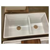 White porcelain double bowl farm sink