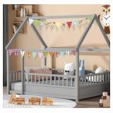 RTA Twin Size Montessori Bed House w Fence in Gray