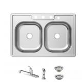 33" x 22" Double Bowl Stainless Steel Sink Set