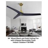 54" Black and Gold Wood Ceiling Fan