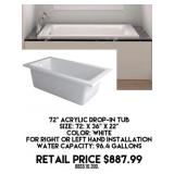 72" Acrylic Drop In Tub