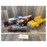Qty 4 Buddy L ; 2 Semi/Trailer,Firetruck,Dump Truc