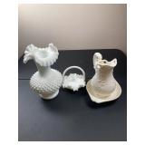 Fenton Hobnail Milk Glass Vase and Basket, White P
