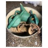 Wash tub, Watering cans, Antique pump