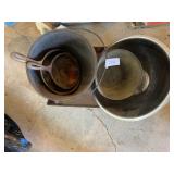 2 Cast Iron Skillets and Kettle, SS Bowl, Brass Bu