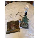 Painted Slate and Tree w/Deer Lamp