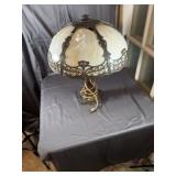 Large Slag Glass Table Lamp With Filigree Frame