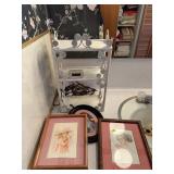 Victorian Prints and White Wicker Small Shelf