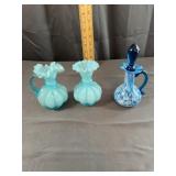 Pair Aqua Blue Ruffled Vases and Blue White Spatte