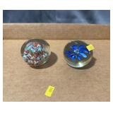 Pair Of Art Glass Paperweights With Floral Motifs