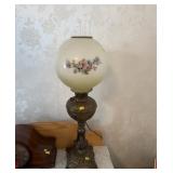 Brass And Glass Banquet Lamp With Floral Shade