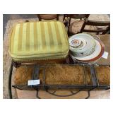 Footstool, China Dishes and Wall Hanger