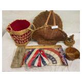 Wicker Baskets, Antique Strainer, Music Box, Paper