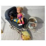 3 Old Dolls, 2 Doll Buggies, Doll Clothes