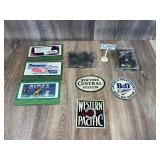 Qty 3 small tin signs, misc. train parts