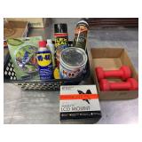 Garage Supplies:  Flex Seal, 2- 5lb Dumbbells
