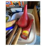 Plastic tote w/Hammers, Wrench, Misc