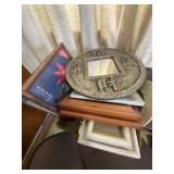 Metal Desk, Office Chair, Box of Picture Frames