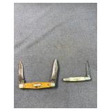 Two Jigged Bone & Pearlescent Pocket Knives