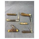 Six Folding Pocket Knives with Stag & Wood Grips