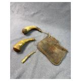 Antique Handcrafted Powder Horns & Leather Pouch