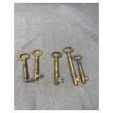 Antique Solid Brass Skeleton Keys, 5 Pieces