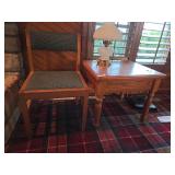 Upholstered Chair, Oak End Table, Oak Coffee Table