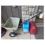 Walk Behind Lawn Spreader and 2 Gas Cans